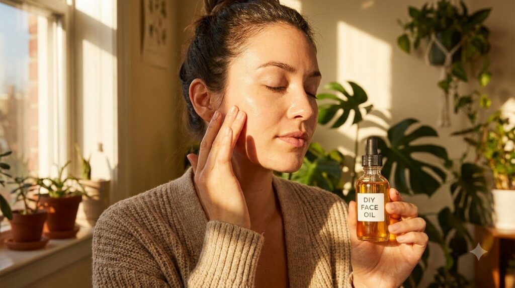 A woman gently massaging the DIY Botox Oil onto her face with her fingertips showing a glowing hydrated complexion