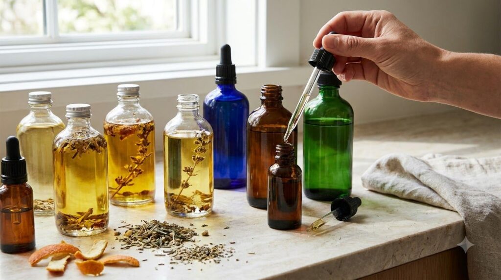 Various bottles of natural oils and essential oils with a small dark glass dropper bottle in the process of being filled