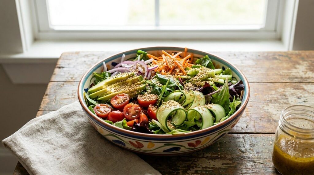 A healthy colorful salad topped with toasted sesame seeds showing their versatility as a nutritional enhancer The salad 