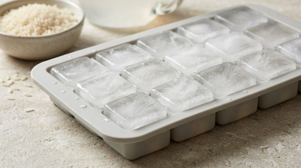 Several clear glass ice cubes made from rice water neatly arranged in a clean modern ice cube tray The background is sof