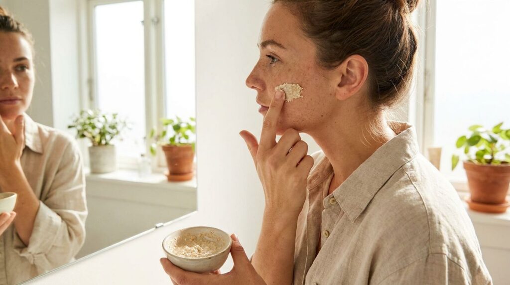 A woman applying a homemade face mask to her cheek focusing on an area with a visible age spot using her fingertips or a