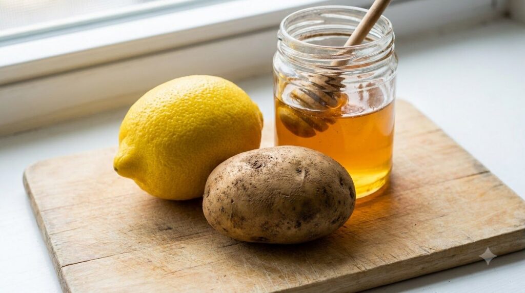 A vibrant fresh lemon and a raw potato on a cutting board alongside a jar of golden honey illustrating the natural ingre