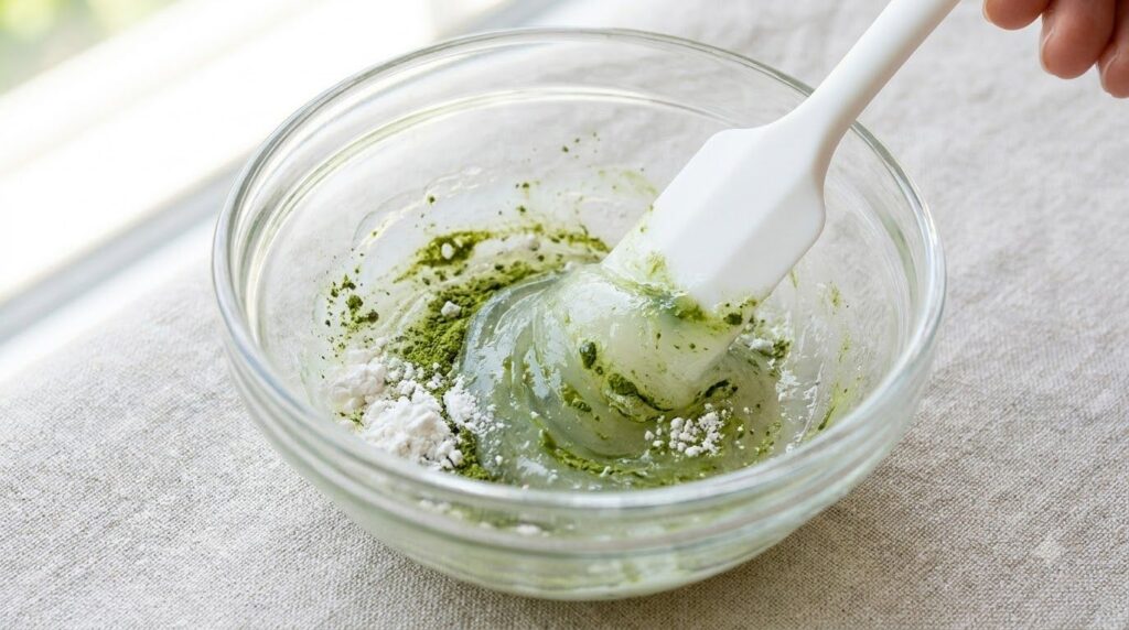 A close-up shot of a small bowl where softened Vaseline is being mixed with green matcha powder and white rice flour usi
