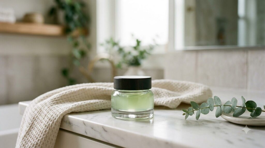 A small elegant glass jar of the finished pale green Green Night Jelly on a clean white vanity with a soft focus backgro