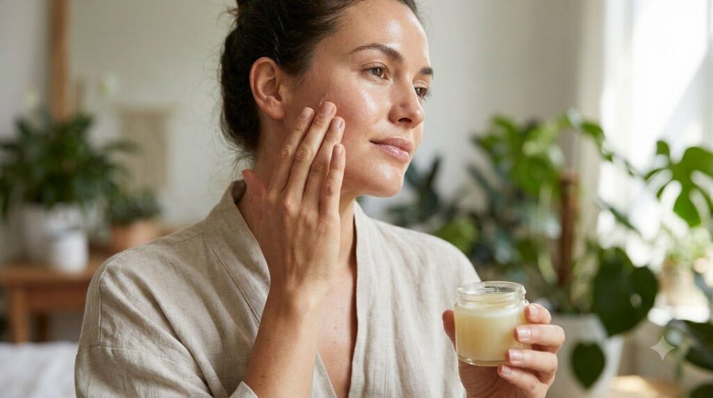 A woman gently massaging a small amount of the solidified beauty oil onto her cheek showing hydrated and glowing skin He