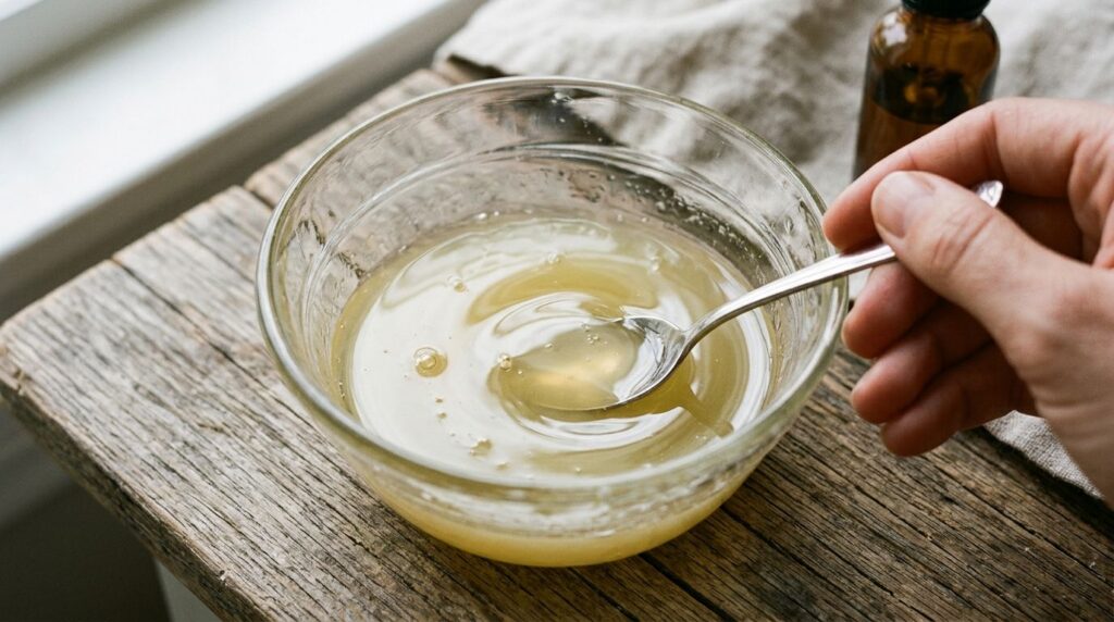 Close-up of a small glass bowl with melted Vaseline sweet almond oil and vitamin E oil being stirred together with a sma