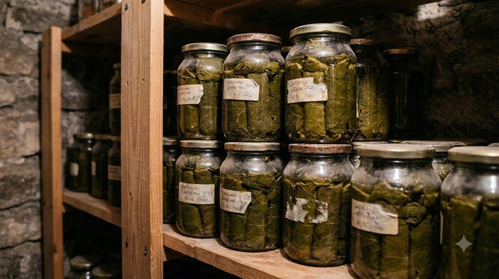 Jars of home-preserved grape leaves stacked neatly on a pantry shelf in a cool dark environment