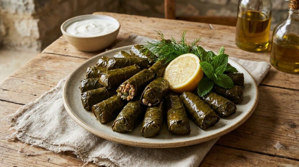 A plate of freshly prepared dolmades stuffed grape leaves with a lemon wedge and fresh herbs showcasing the finished dis