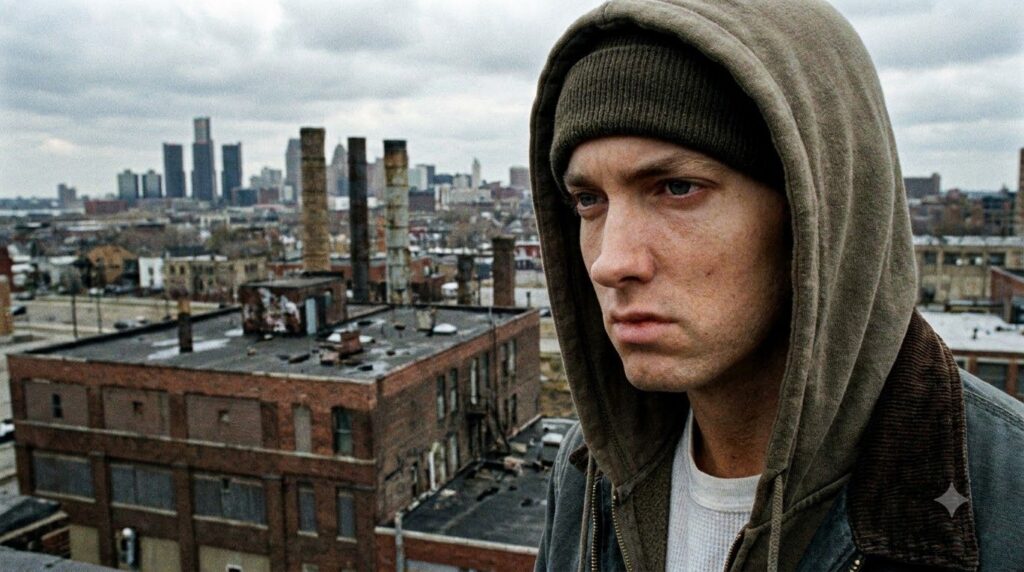 A movie poster for 8 Mile featuring Eminem as Jimmy B-Rabbit Smith Jr The poster shows him looking determined with city 