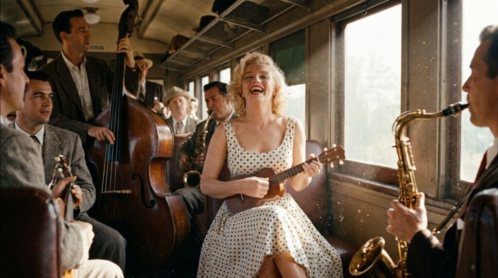 A movie still from Some Like It Hot featuring Marilyn Monroe