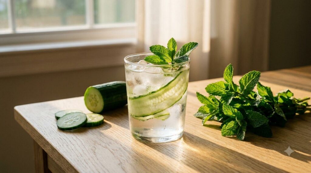 A refreshing evening drink with cucumber slices and mint leaves in a glass next to fresh cucumber and mint on a table