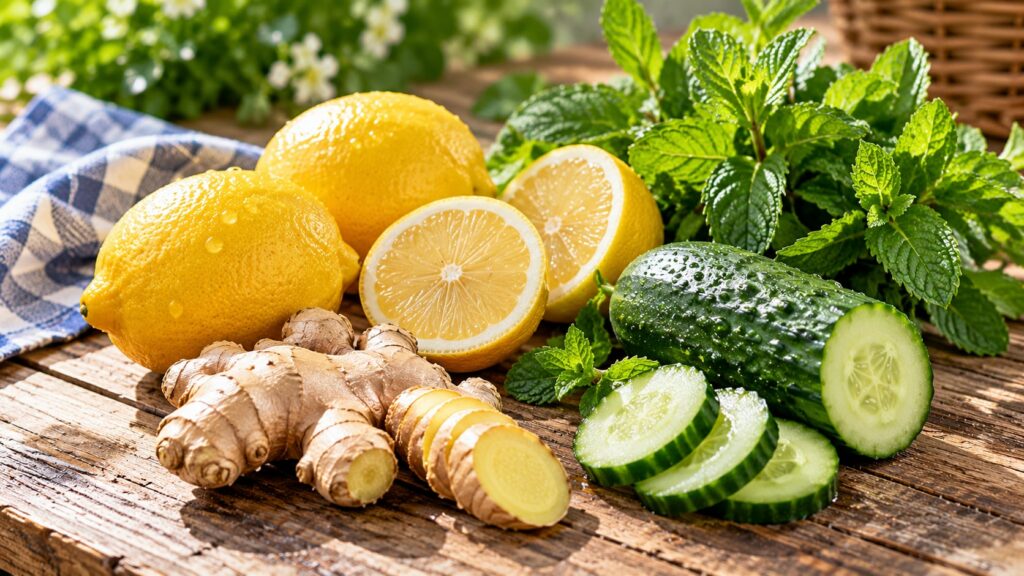 A variety of fresh ingredients like lemons ginger cucumbers and mint leaves arranged on a rustic wooden table ready for 