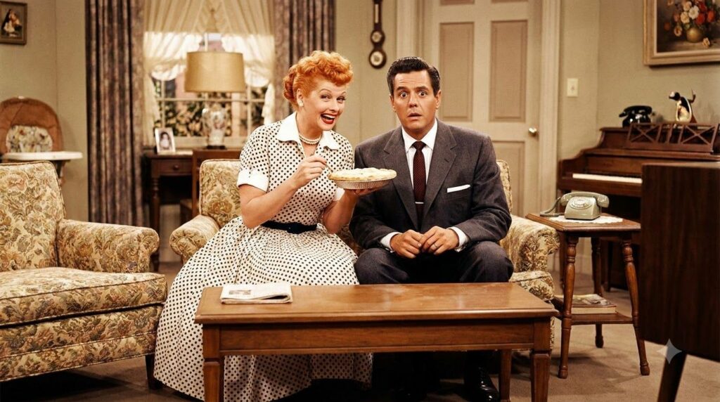 A still image from the television show I Love Lucy showing Lucille Ball and Desi Arnaz in a comedic pose