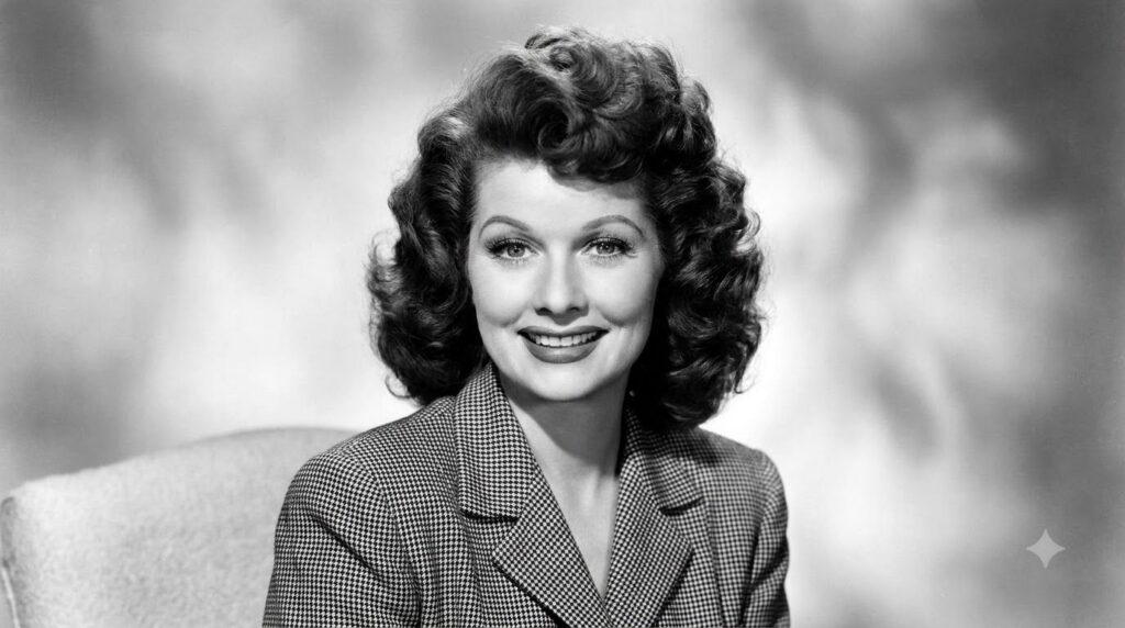 A classic black and white publicity photo of Lucille Ball from the 1950s smiling broadly with her signature red curled h