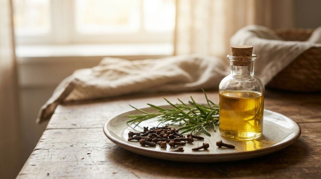A still life composition showing dried cloves fresh rosemary sprigs and a small bottle of flaxseed oil on a natural wood