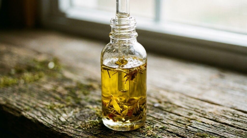A close-up of a glass dropper bottle containing the finished infused oil highlighting its rich color and natural essence