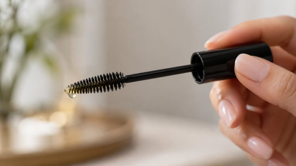 A hand holding a clean mascara wand dipped in the homemade oil blend ready for application to eyelashes