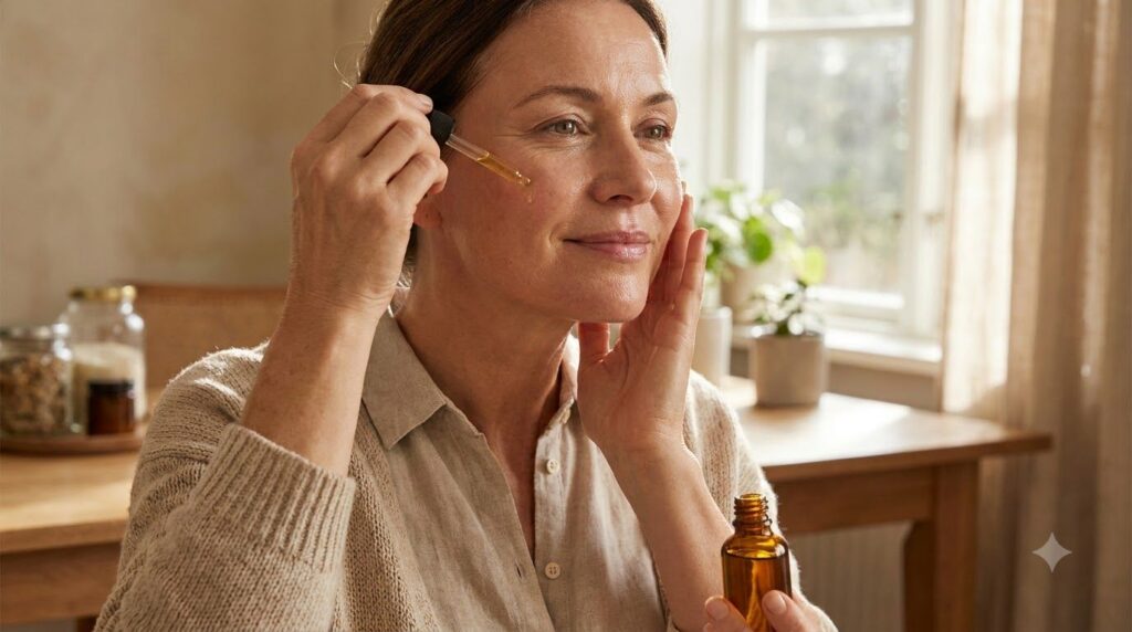 A woman in her 40s or 50s applying a few drops of the homemade Botox Oil to her face gently massaging it in with a seren