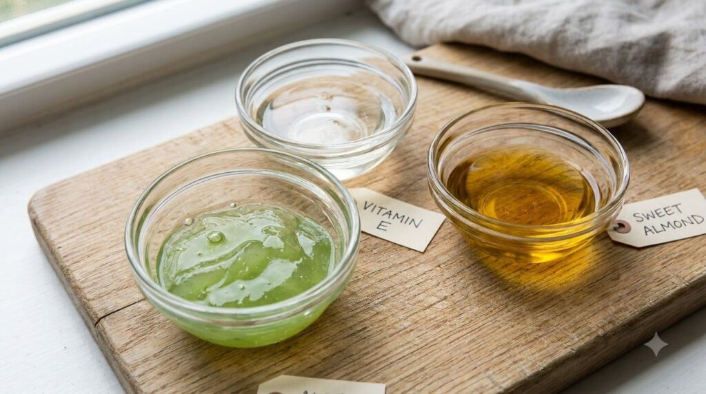 Small glass bowls containing aloe vera gel a clear liquid representing vitamin E oil and a light-colored oil representin