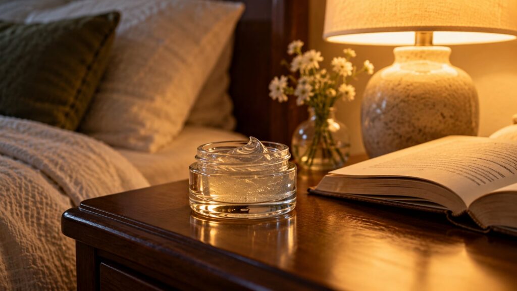 A small elegant glass jar of the homemade night gel sits on a bedside table next to a soft glowing lamp and a book ready