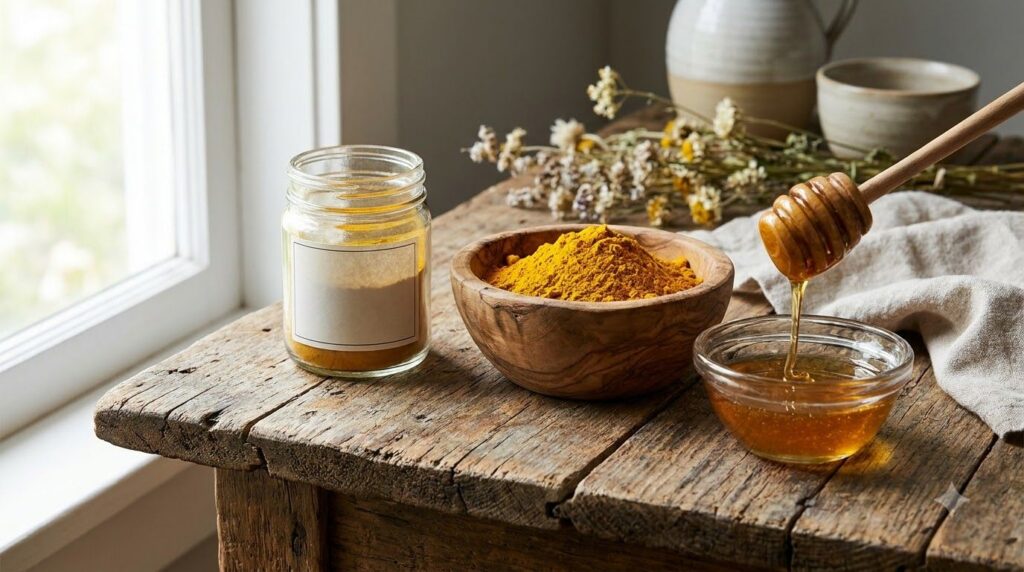 A still life arrangement of the key ingredients a jar of petroleum jelly a small bowl of turmeric powder and a small bow