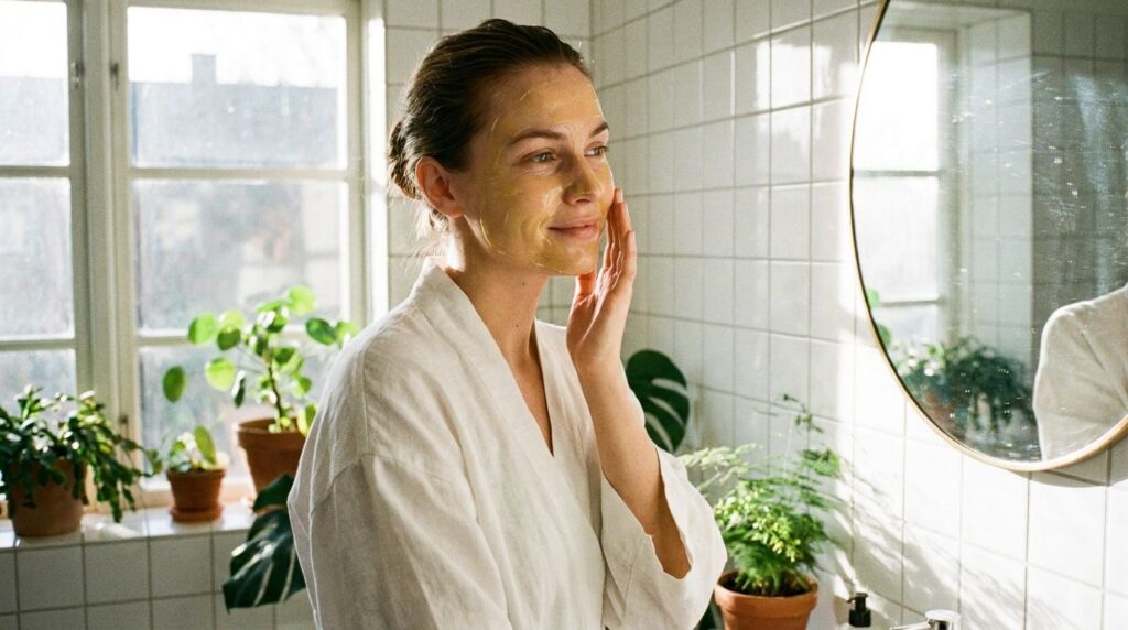 A woman gently applying a yellow-tinted face mask to her cheek demonstrating the application of the turmeric and honey v
