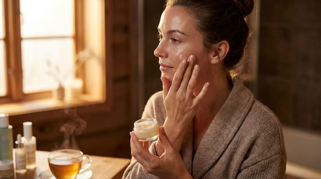 A woman applying a small amount of balm to her face as part of her nightly routine showing a fresh and radiant complexio