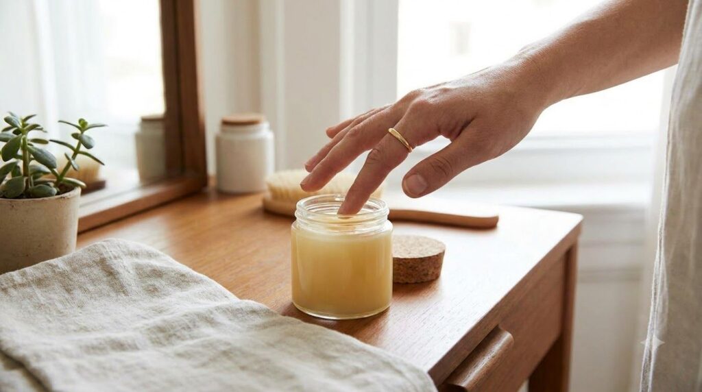 A small clear jar filled with a freshly made translucent yellow anti-aging balm with a hand gently dipping a fingertip i