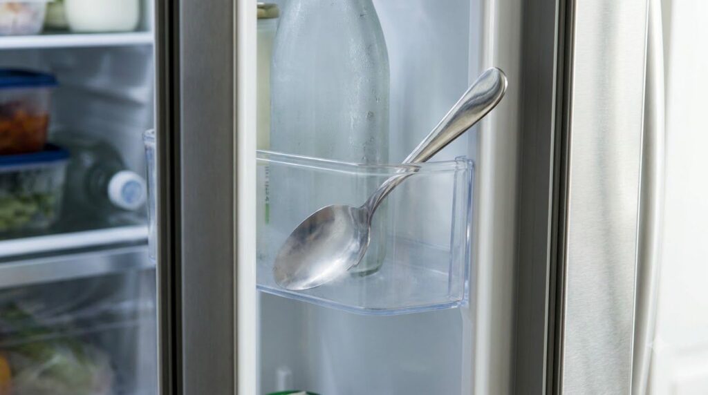 A clean metal spoon chilling in a refrigerator door compartment