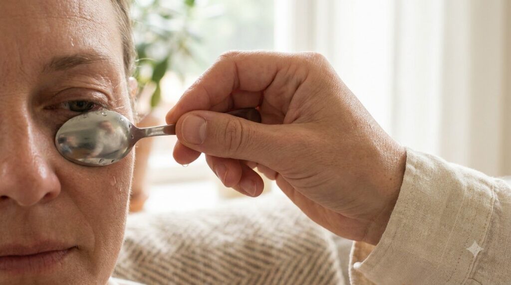 A person gently massaging their under-eye area with the back of a cold spoon after applying Vaseline
