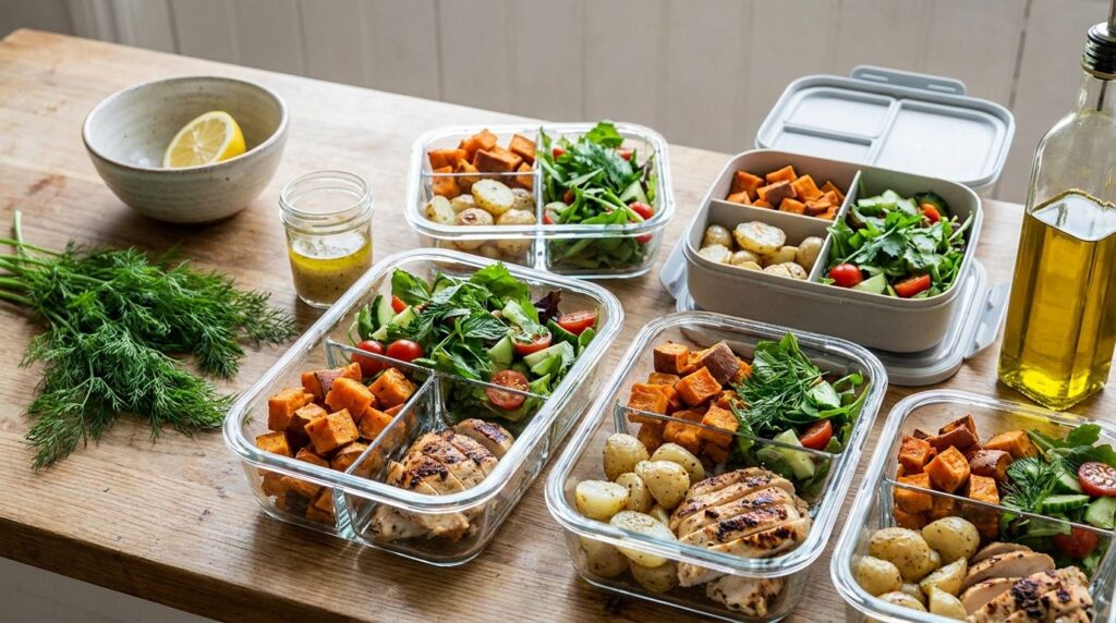 A healthy balanced meal featuring both sweet potato and white potato dishes such as roasted sweet potato cubes alongside