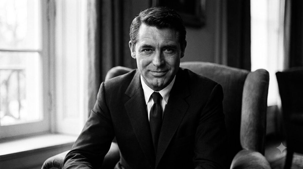 A black and white portrait of a young Cary Grant looking debonair smiling slightly with a charming and confident express