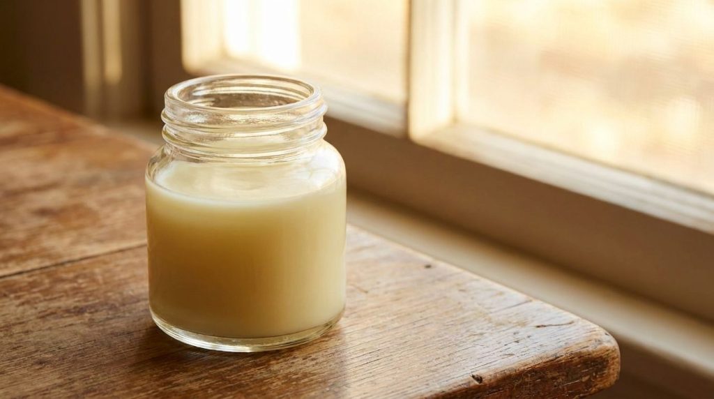 A small clear glass jar containing a freshly mixed slightly opaque pale yellow balm with a smooth texture A small label