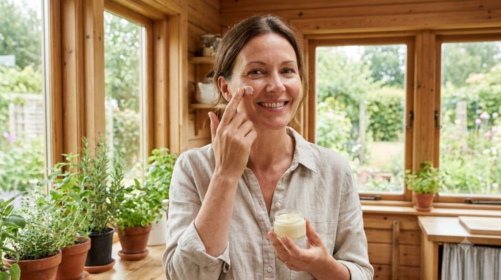 A woman gently applying a small amount of the homemade balm to her face focusing on areas with fine lines with a soft gl