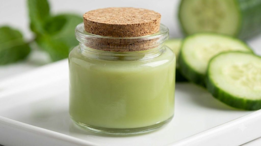 A close-up of a small glass jar containing the solidified Vaseline baby oil and cucumber gel mixture ready for use with