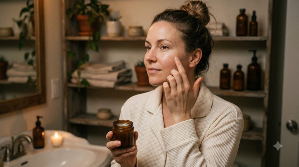 A woman gently applying a homemade balm to her cheek at night with a soft radiant glow on her skin