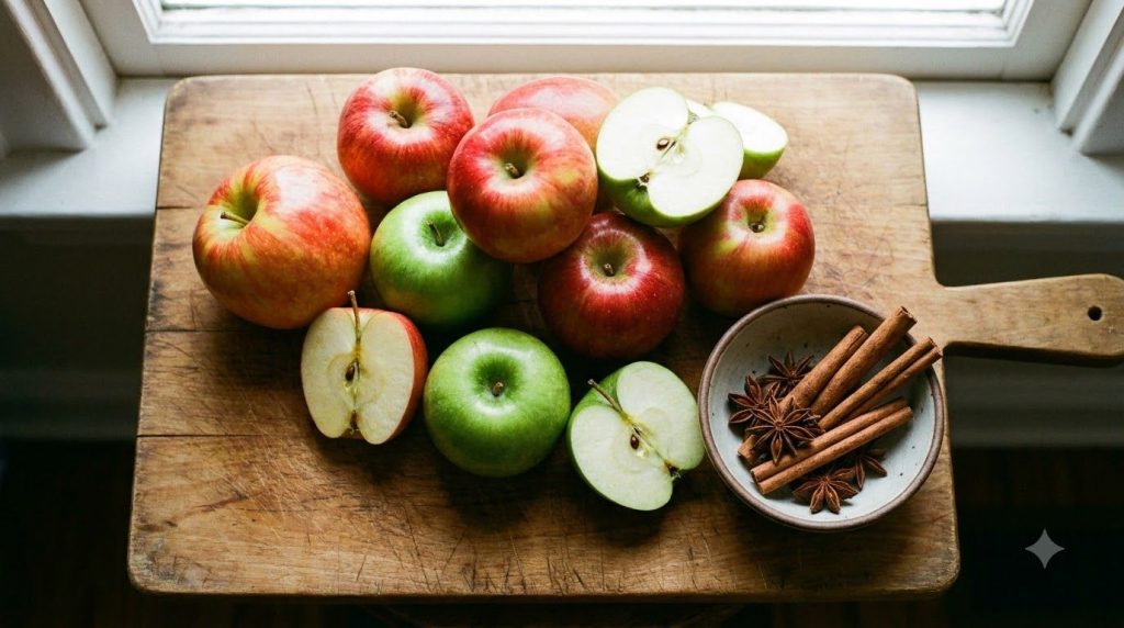 Variety of fresh apples on a rustic wooden board next to a small bowl of cinnamon sticks and star anise suggesting exper
