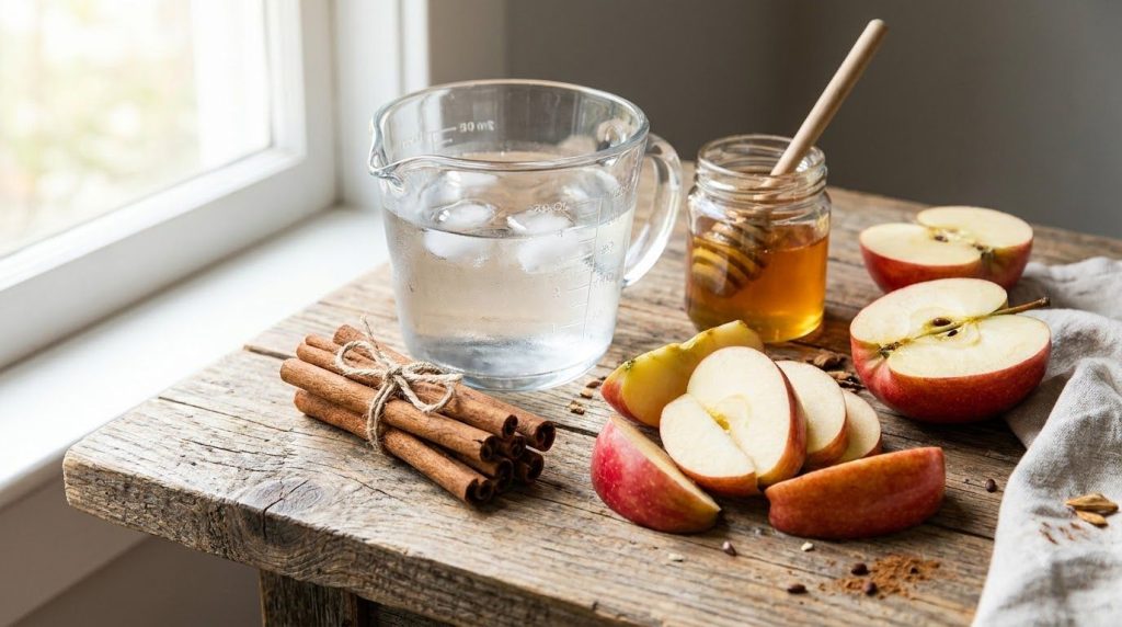 Ingredients for apple cinnamon drink sliced apples cinnamon sticks water in a glass measuring cup and a small jar of hon