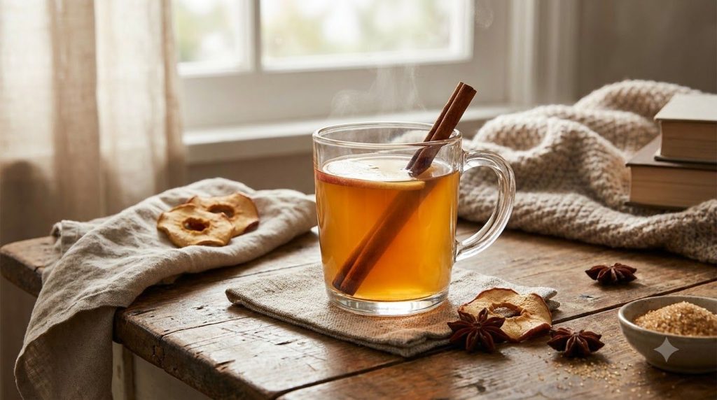 A steaming glass mug of homemade apple and cinnamon drink garnished with a cinnamon stick and a slice of apple on a cozy
