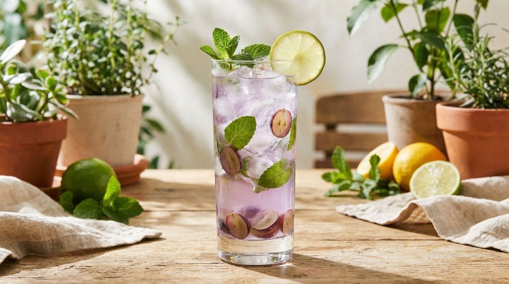 A tall glass filled with the refreshing grape and mint water garnished with fresh mint leaves and a slice of lime Ice cu