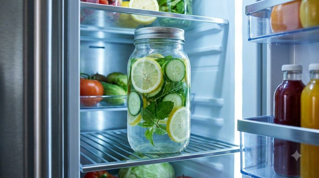A clear glass jar filled with lemon and cucumber slices mint leaves and water chilling in a refrigerator The light insid
