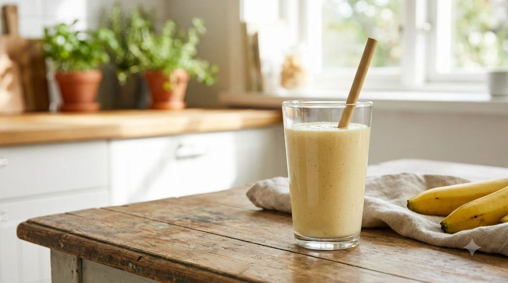 A banana smoothie served in a tall glass with a straw placed on a wooden table with a blurred natural background