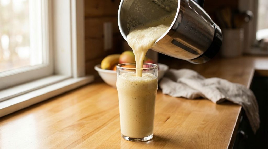 A banana smoothie being poured from a blender into a tall glass with a creamy texture visible