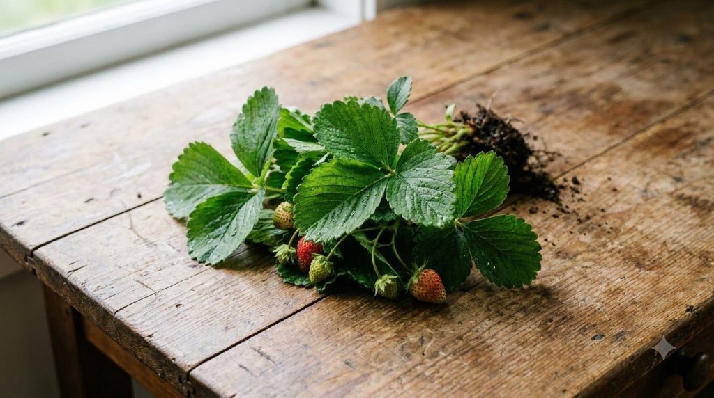 A close-up of a pile of freshly harvested green strawberry leaves on a rustic wooden surface indicating readiness for pr