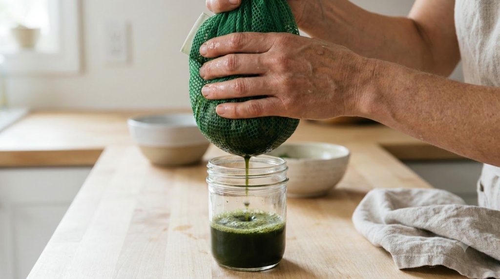 Hands gently squeezing a mesh bag full of mashed strawberry leaves allowing a dark green liquid to drip into a clear gla
