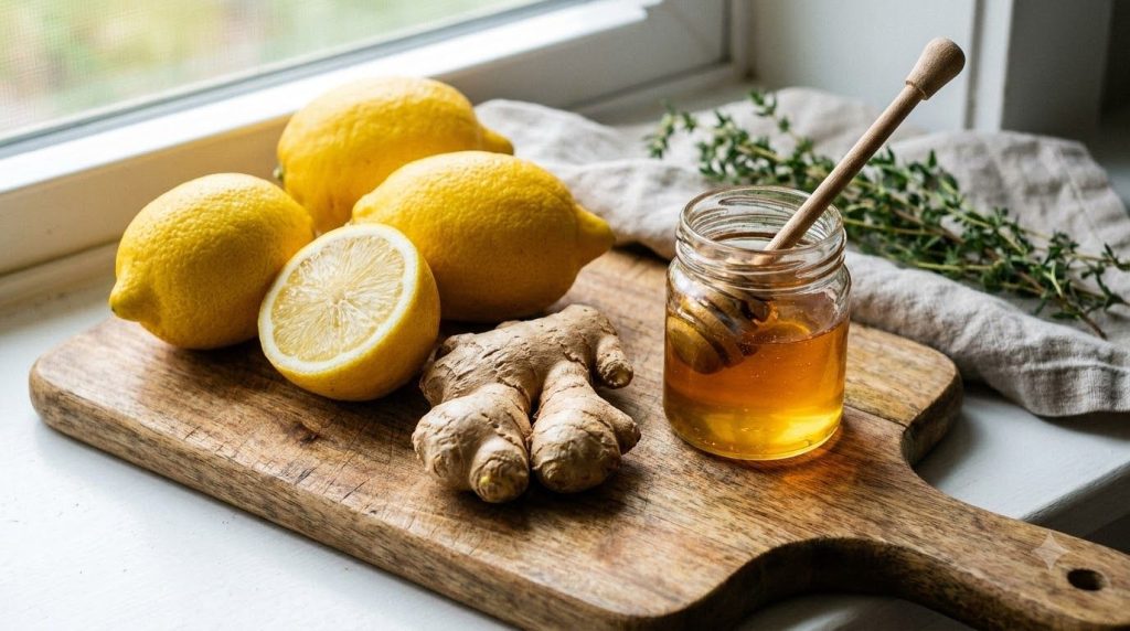 Various fresh ingredients for the syrup vibrant yellow lemons a knob of fresh ginger root and a jar of golden honey neat
