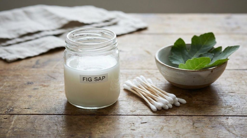 A small glass jar containing collected milky fig sap with cotton swabs beside it ready for application