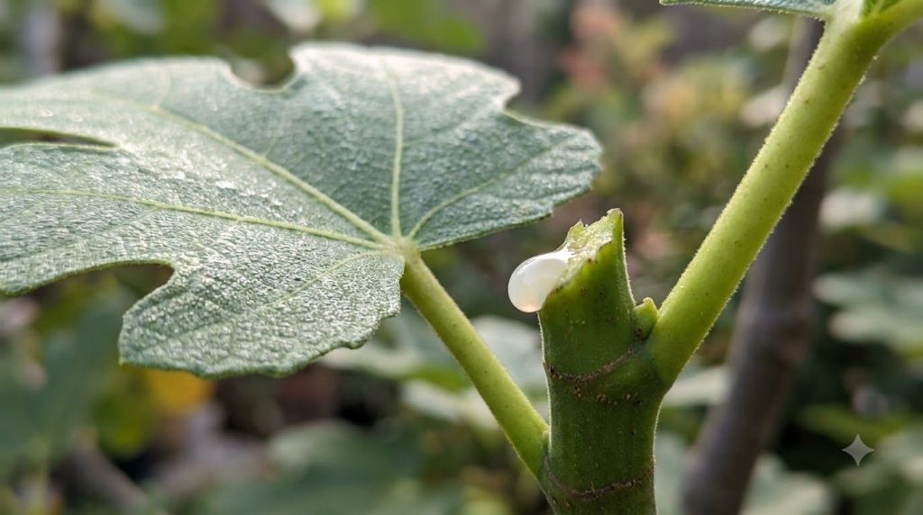 Close-up of a fig leaf and stem showing a bead of milky sap oozing from a fresh cut