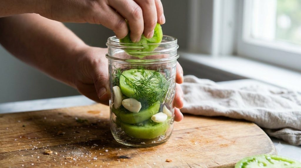 Close-up of freshly sliced green tomatoes being packed tightly into a clear glass jar with dill sprigs and garlic cloves
