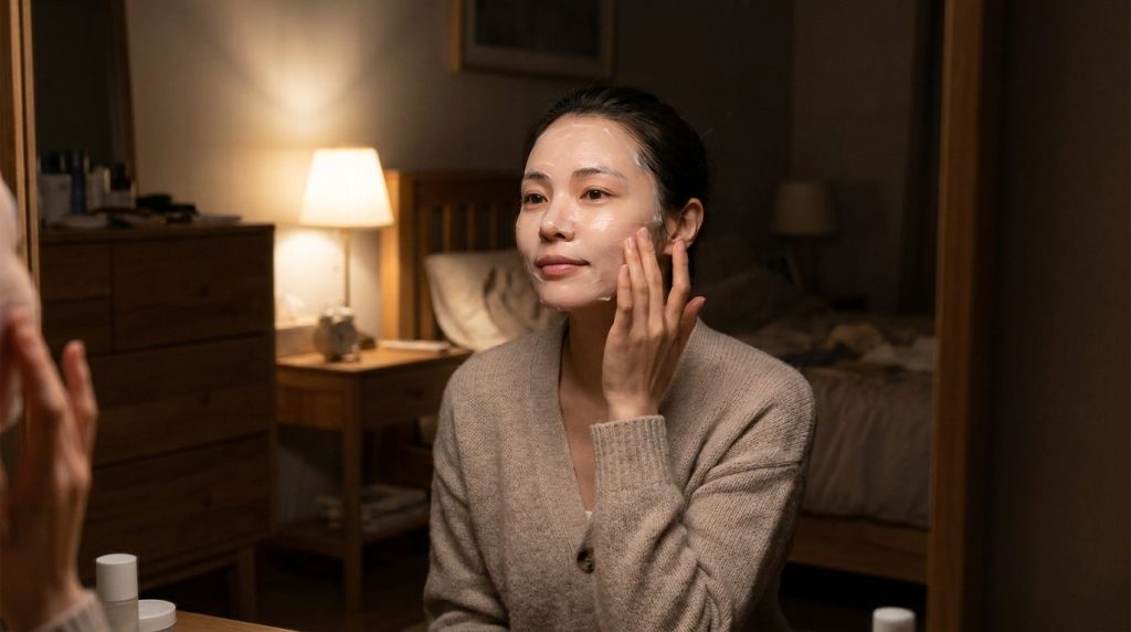 A woman gently applying a thin layer of the homemade overnight mask to her clean face before bedtime